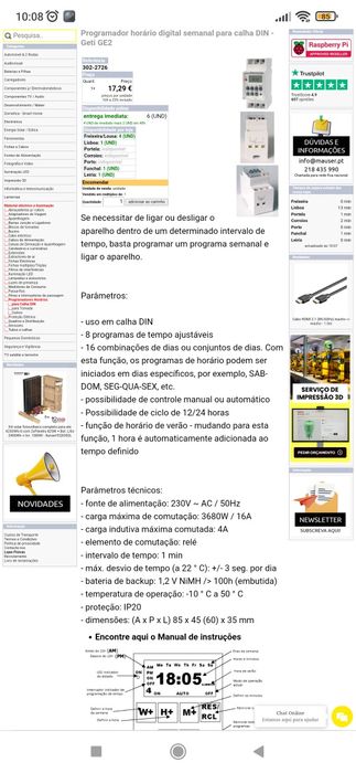 Programador horário digital semanal para calha DIN - Geti GE2