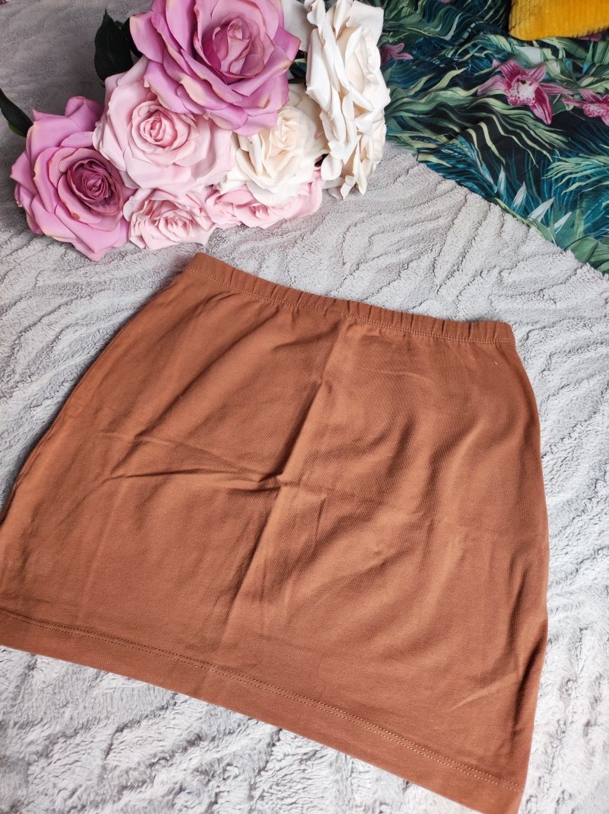 H&M brązowa materiałowa krótka spódniczka mini wiosenna letnia