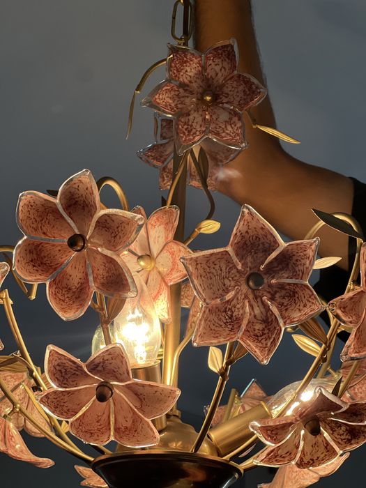 Candeeiro de teto Murano anos 70 - Flores rosa e dourado