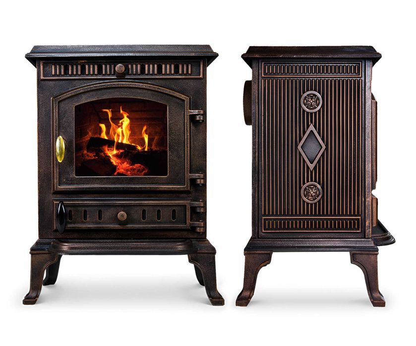 Piec żeliwny piecyk koza kominek ATENA 8,3KW MIEDZIANY ZŁOTY