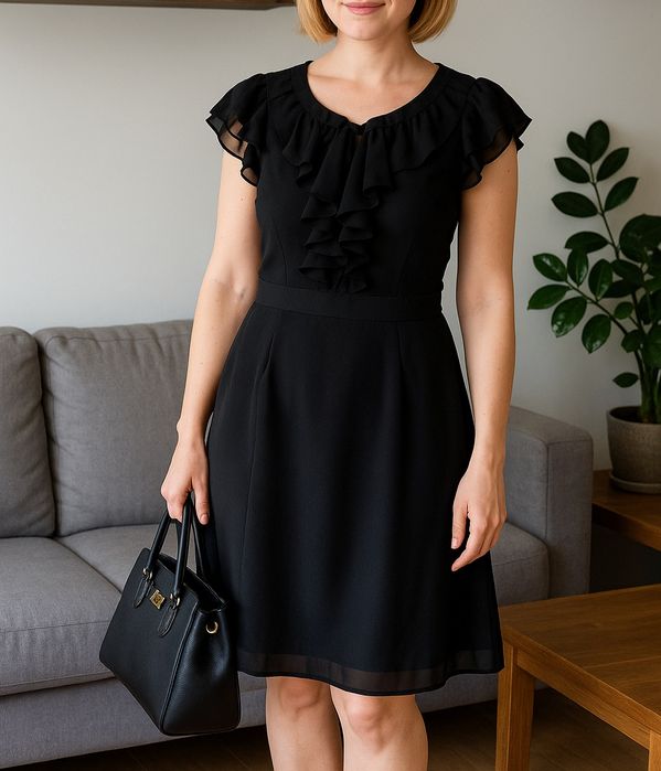 Czarna tiulowa sukienka przed kolano falbanki Atmosphere S 36