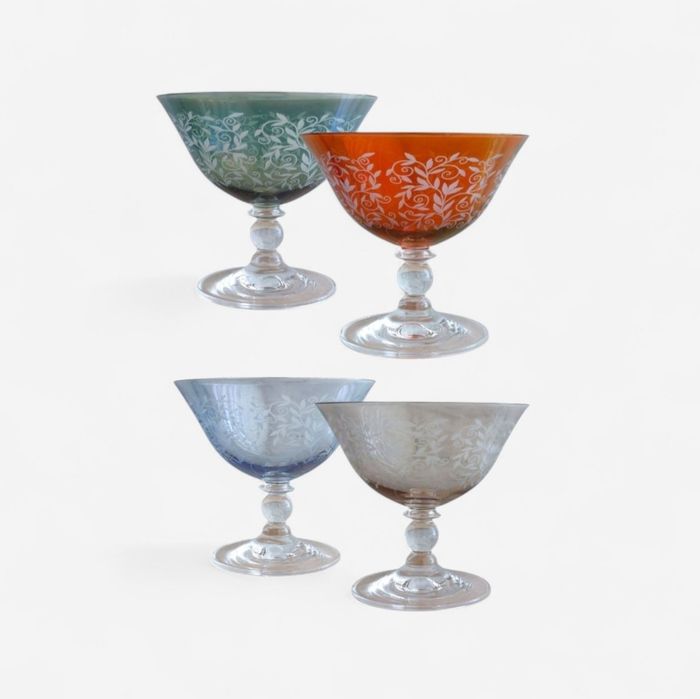 Copos de Cocktail Vintage, Vidro Colorido Gravado -Bohemia