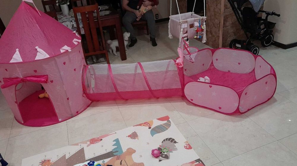 Namiot 3w1 dla dzieci: zamek + tunel + kojec/basen, różowy