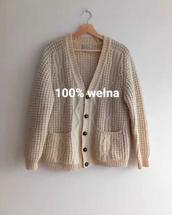 HANDMADE Wełniany sweter kardigan ręcznie robiony vintage S/36