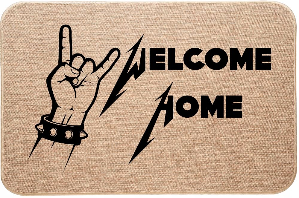 wycieraczka wejściowa z lnu rockowy metalowy nadruk welcome home