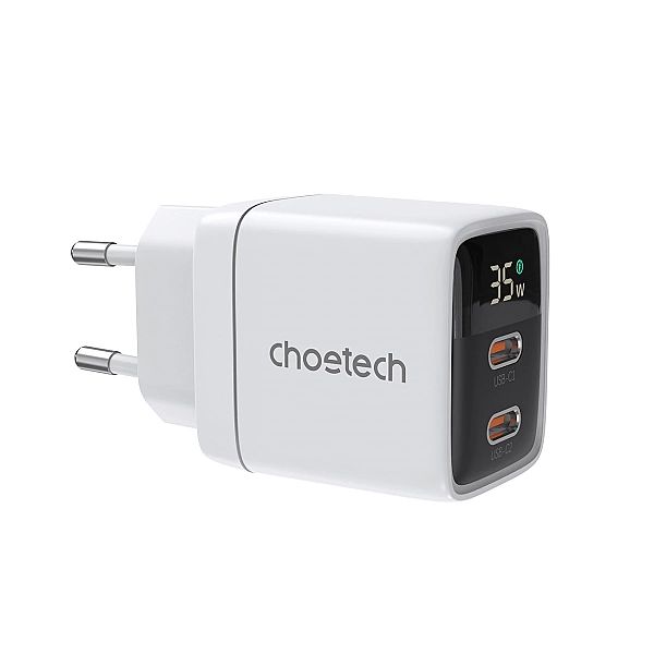Ładowarka sieciowa GaN Choetech PD6051/2x USB-C PD 35W z wyświetlaczem