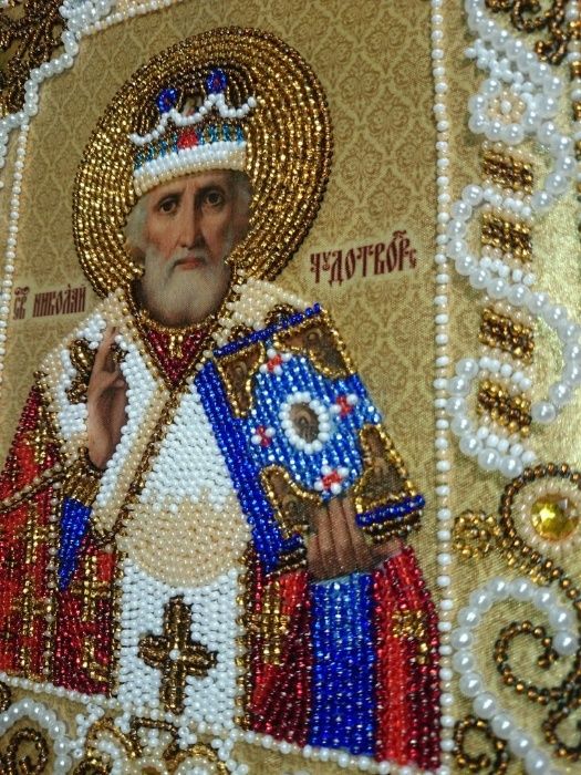 Икона Николай Чудотворец вышитая чешским бисером