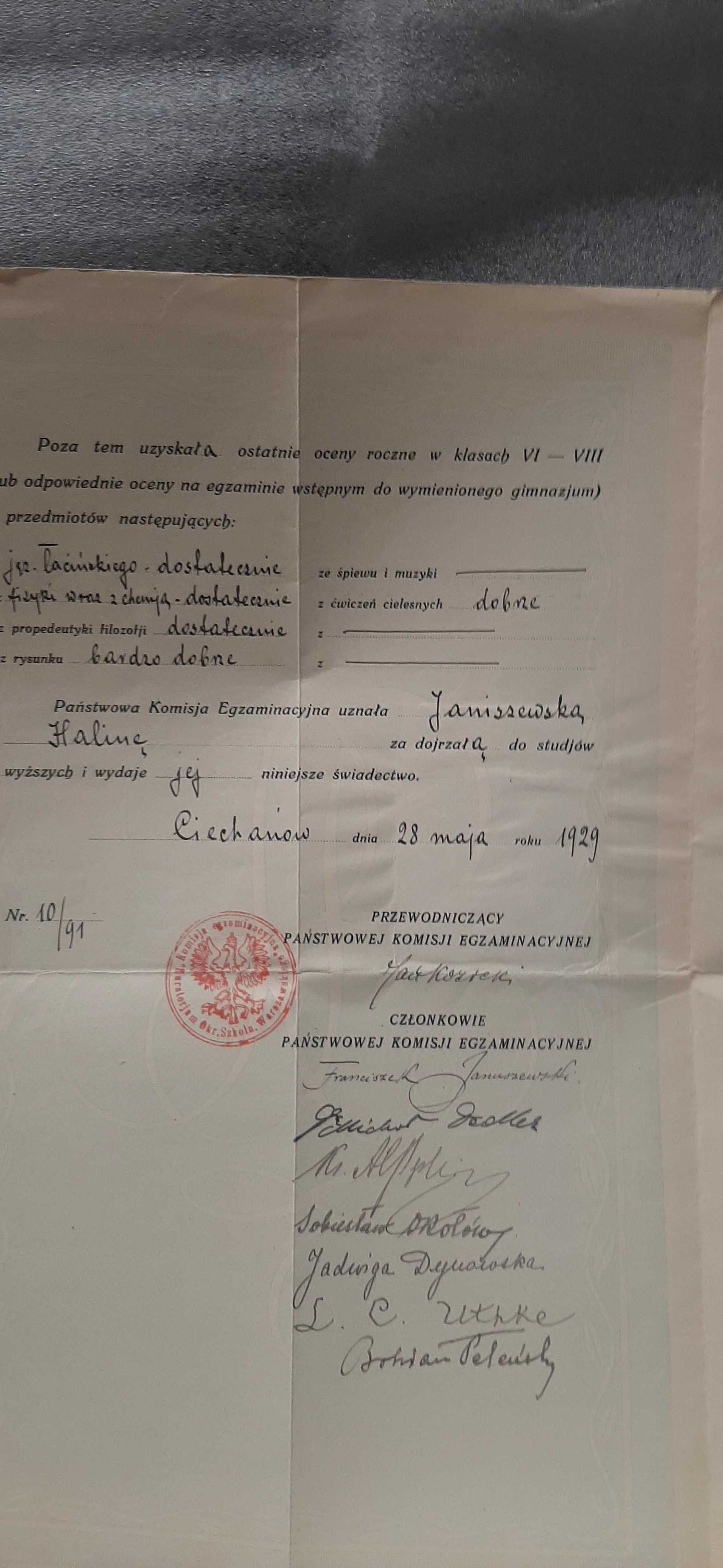 Świadectwo dojrzałości  1929r Ciechanów