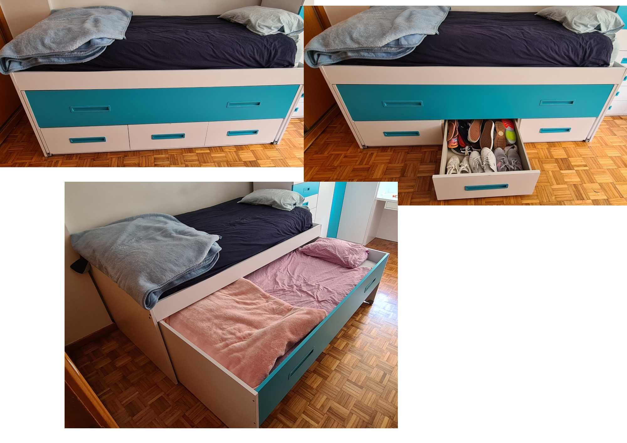 Mobília de quarto juvenil (cama, roupeiros, estantes, secretária)