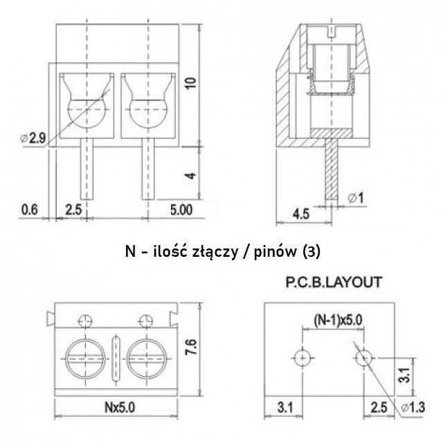 Złącze śrubowe 300V 10A 3pin KF301-3P czarne 5szt.