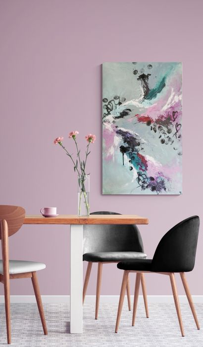 Quadro em tela original em acrílico, tons verde e rosa