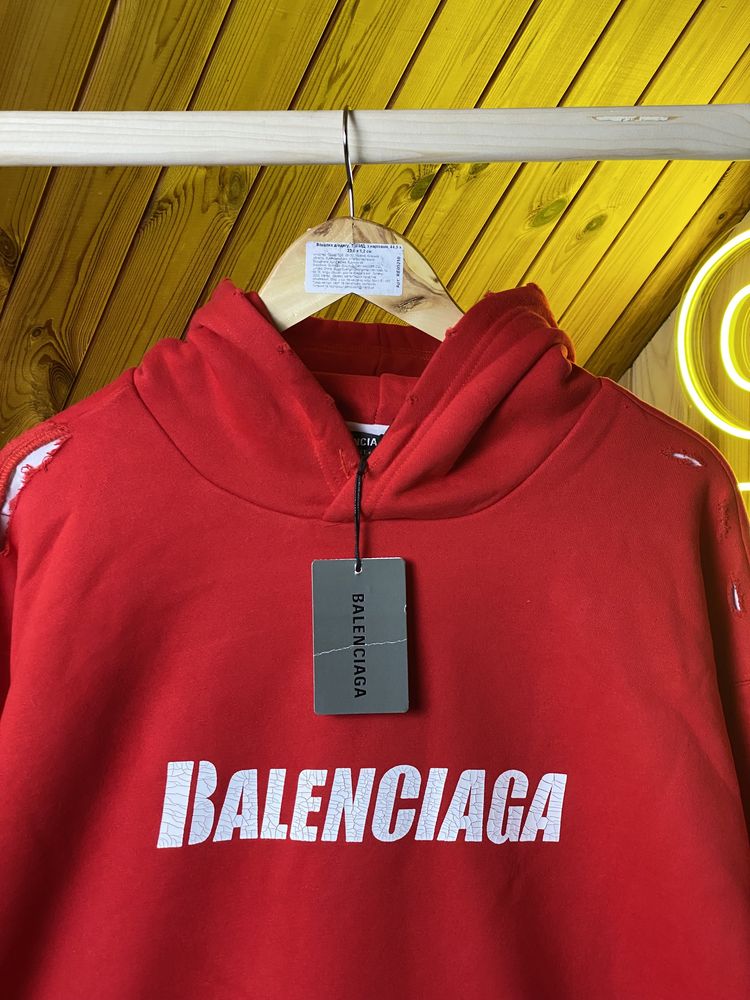 Худі Balenciaga Ripped Oversize Logo Red Hoodie