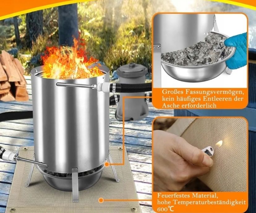 Ogrzewanie basenu jacuzzi ogniem piec na drewno+mata+popielnik+złączka