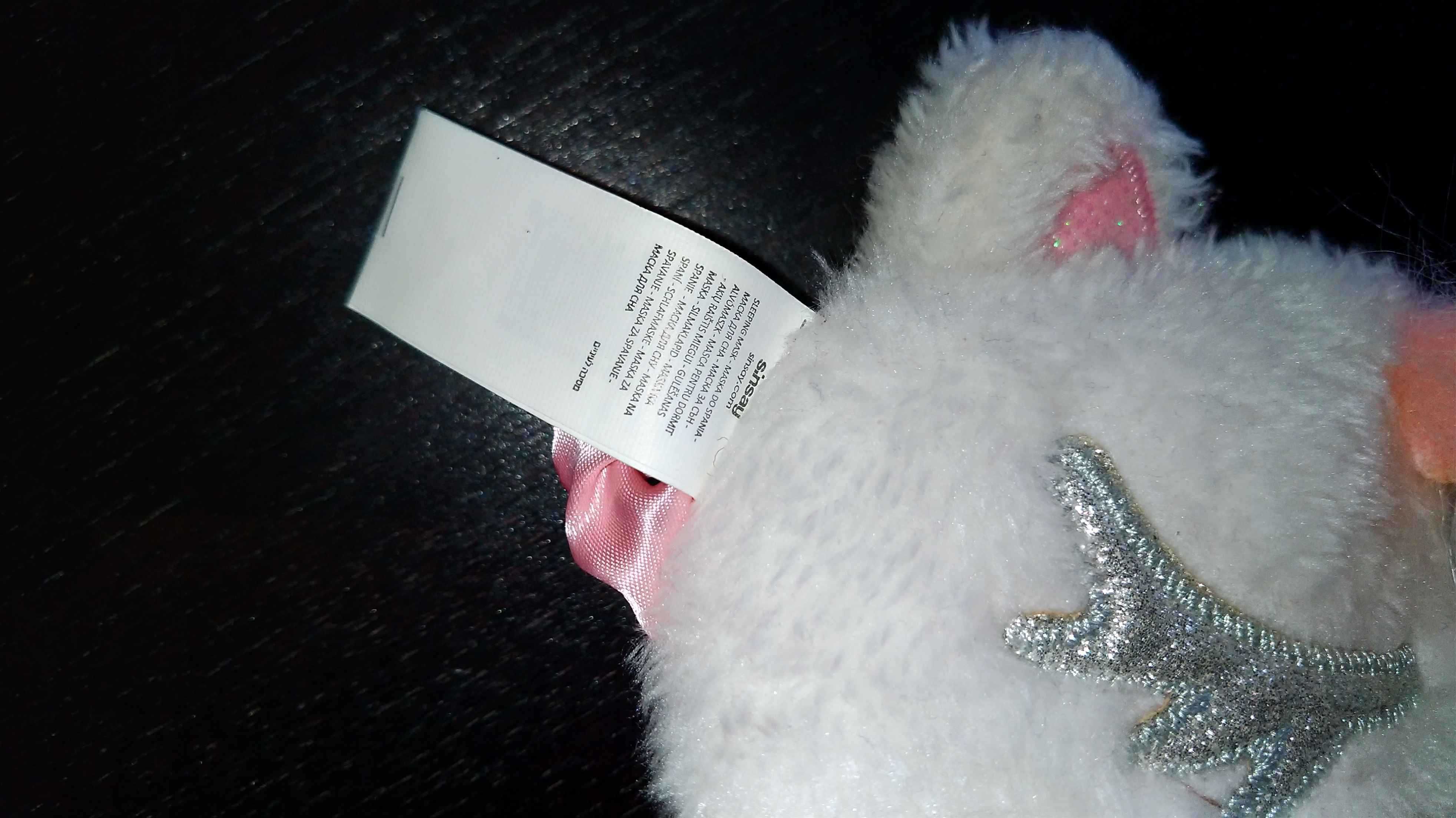 Piękna nowa biała opaska na oczy jednorożec puszysta brokatowa srebrna