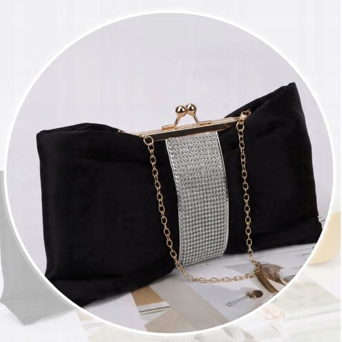 Wieczorowa Kopertówka Torebka na Ramię Czarna Satynowa Złoty Łańcuszek
