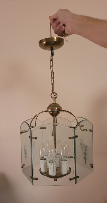 Żyrandol PRL, Kryształ/Mosiądz, 6 żarówek