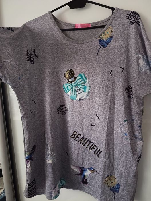 Nowa koszulka szara z nadrukiem perfumy plus size do 140 biust M /L