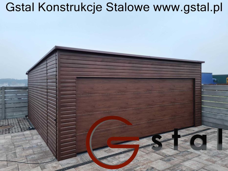 garaż blaszany 6x5,80 6x6 z bramą segmentową orzech filc profil ocynk