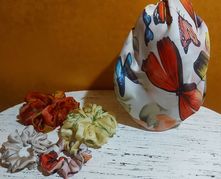 Cieniutki jedwab,  czepek M,  scrunchies  M, XL