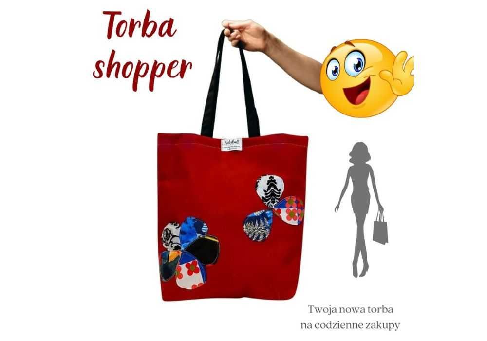 Torba na zakupy eko shopperka na ramię do ręki  – BORDOWA Z APLIKACJĄ