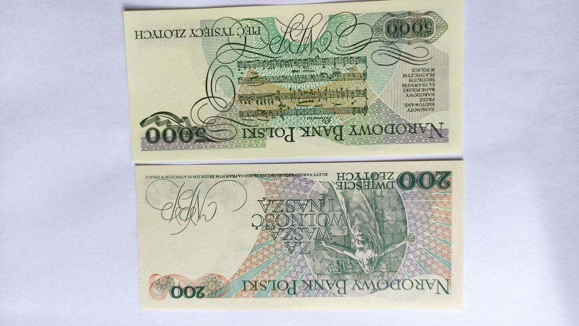 Banknoty UNC 5000zł 1988r seriaCT i 200zł 1986 seria DG.