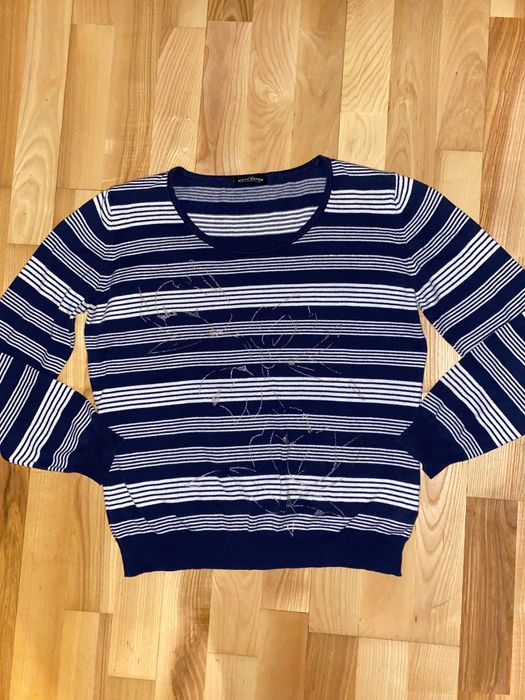 Sweterek granatowo biały w paski r 40 L damski bawełna