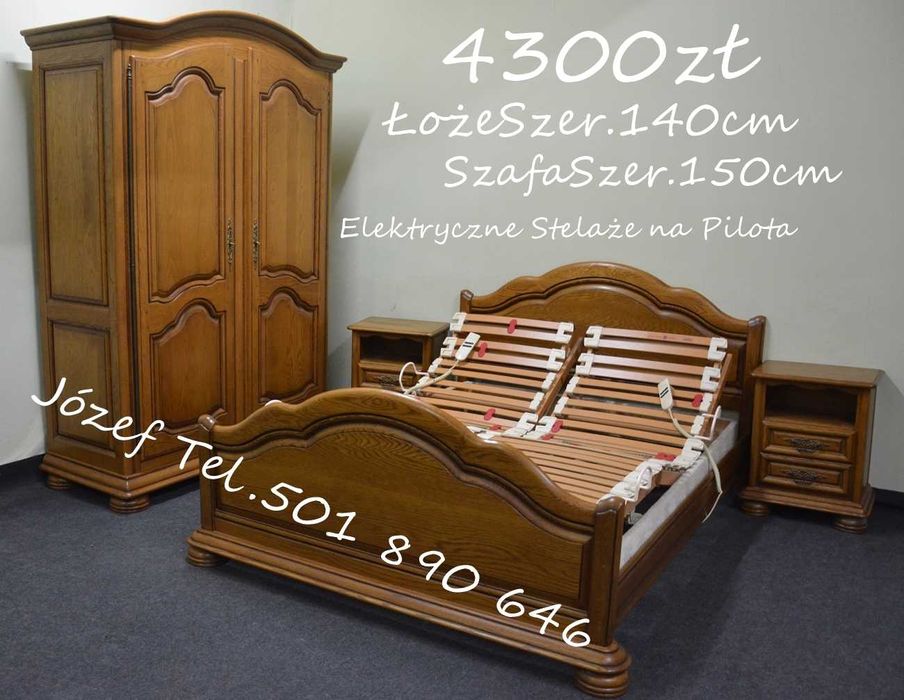 Łóżko dębowe + stelaże pod materac + szafa + szafki nocne