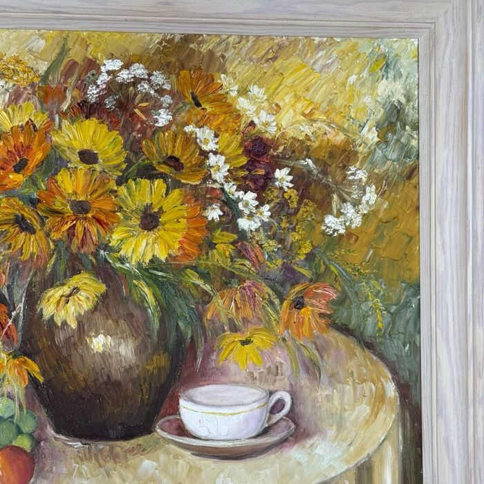 Obraz w drewnianej ramie kwiaty słoneczniki na płotnie