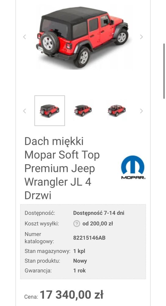 Wrangler JL JLU Soft Top Mopar Premium kompletny miekki dach NOWY