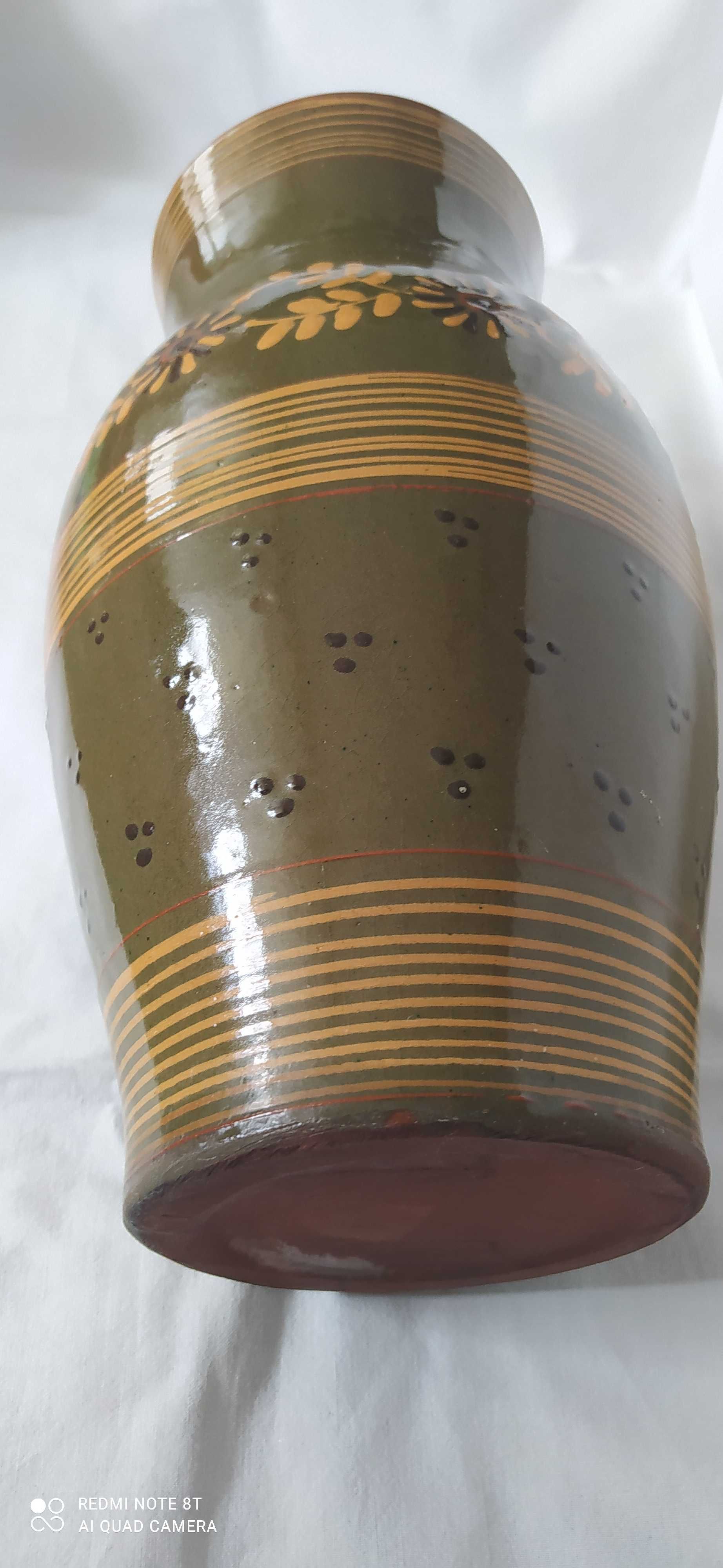 Wazon ceramiczny o pięknym wzorze ręcznie malowany z PRLu - 34cm.