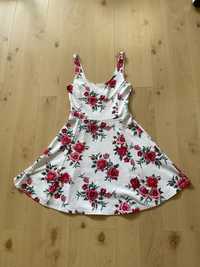 Biała, letnia sukienka w czerwone róże H&M XS