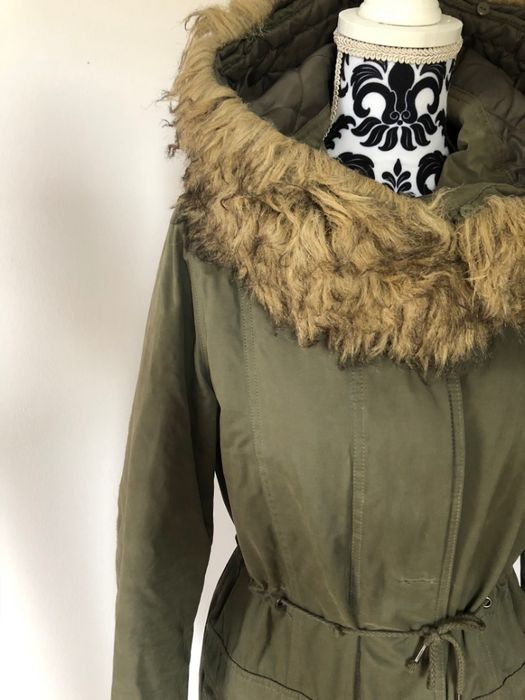 Parka kurtka khaki XS 34 Only futerko zielona futrzany kaptur zimowa