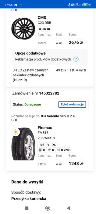 Kia Sorento Felgi aluminiowe CMS 18 5x114,3 z oponami Firemax letnie