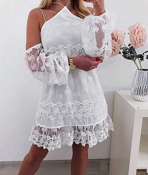Biała Sukienka Haftowana Koronkowa Hiszpanka Halter Elegancka Boho L