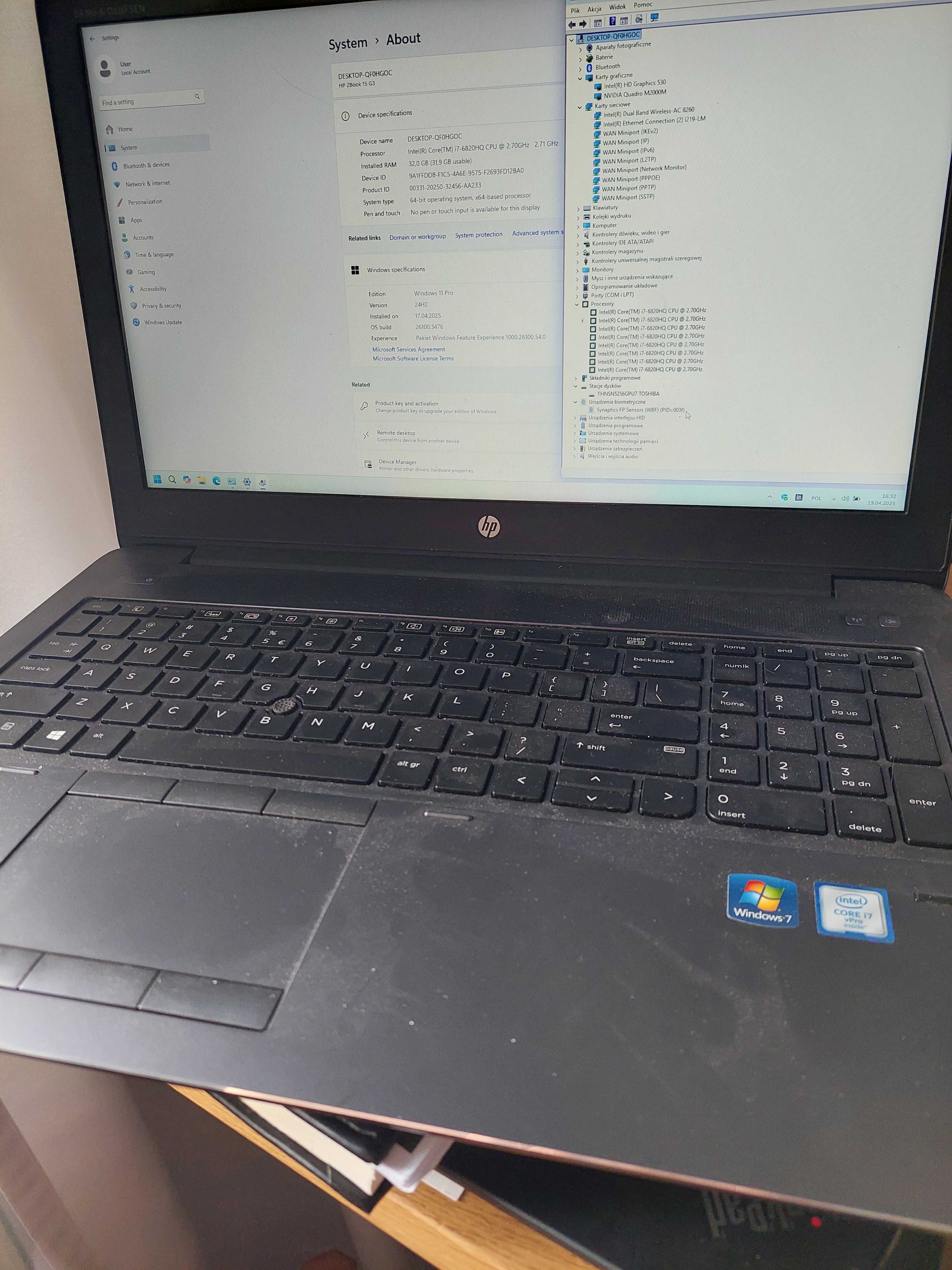 Laptop HP ZBook 15 G3 i7-6820HQ 16GB Quadr2000M + stacja+Org Win11 PRO