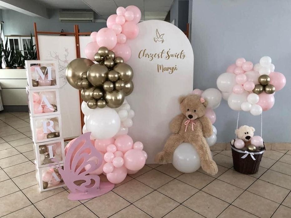 Ścianka balony chrzest Komunia dekoracja