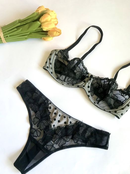 Комплект Чорний. Мереживний/ Срібні Метелики. 75 А/В/ XS/S розмір