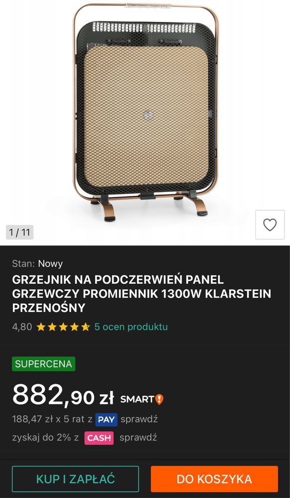 Grzejnik, kaloryfer przenośny na podczerwień 1300W