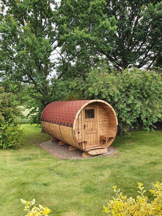 Sauna Beczka Ogrodowa 400cm z Piecem Harvia M3 LED Sauny z Drewna