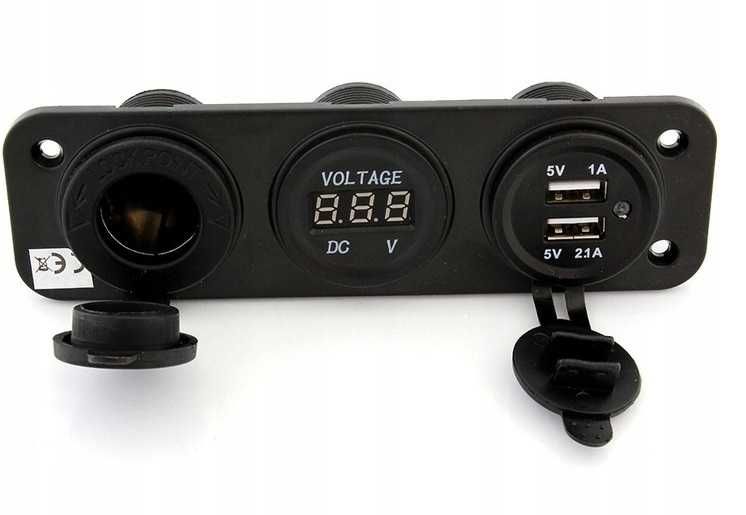 Ładowarka Gniazdo zapalniczki 12V 2x USB 5V Woltomierz motor auto