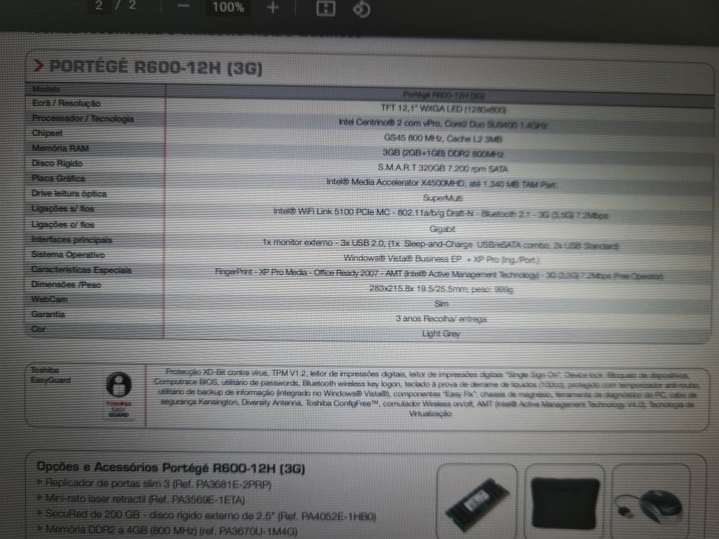 Portátil Toshiba Portégé R600-12H - Usado