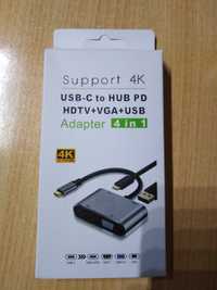 Adaptador 4 Em 1 USB-C TO HUB PD HDTV + VGA + USB