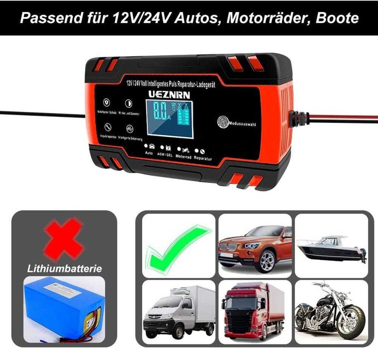 Автом. зарядний пристрій Ueznirn, 8 А, 12 В / 24 В, повністю автом-ний