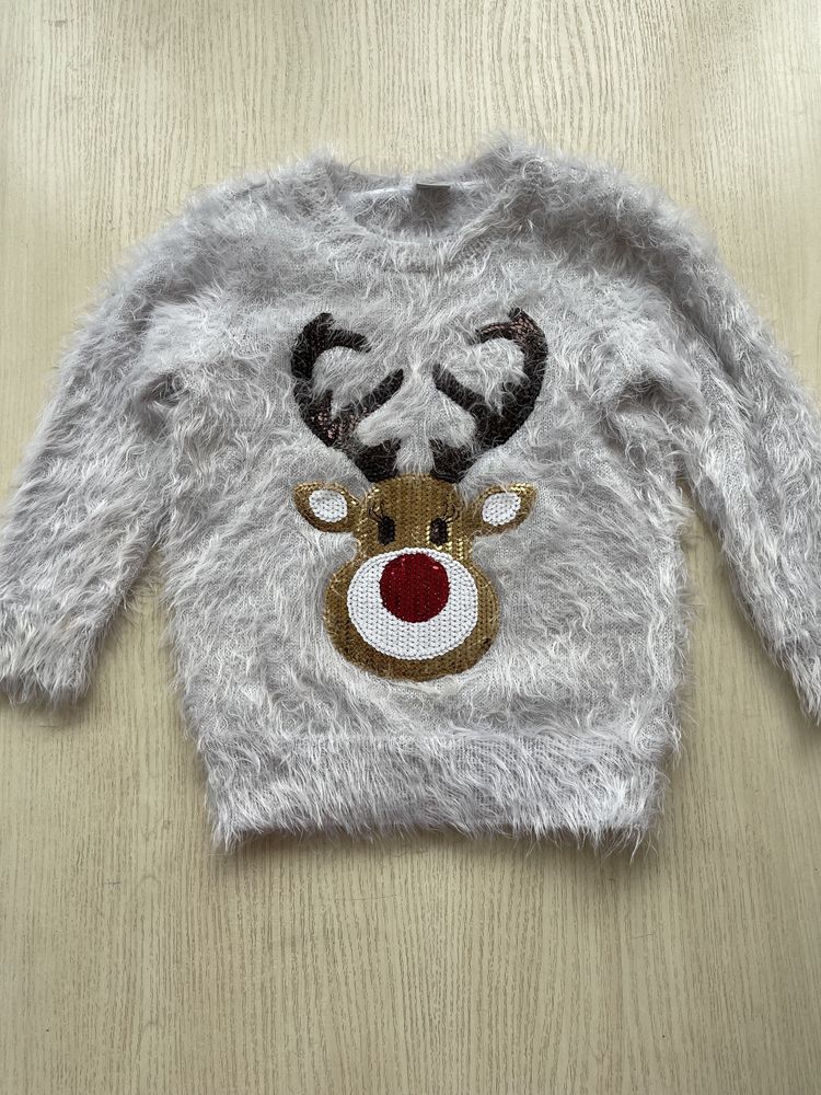Детский пушистый свитер для девочки белый на 2-4г,5-6л олень