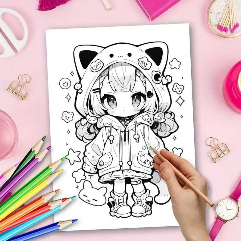 Słodka dziewczyna kot anime kolorowanka