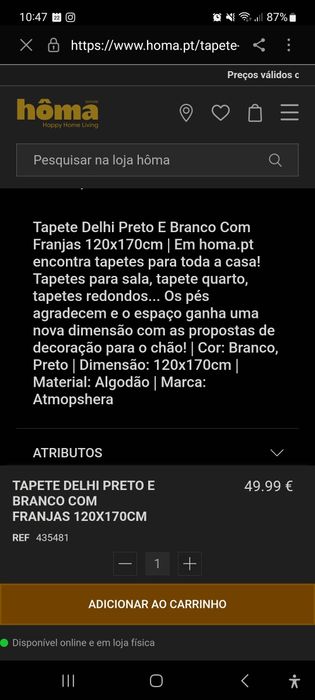 Tapete de 120x170cm cor branco e preto