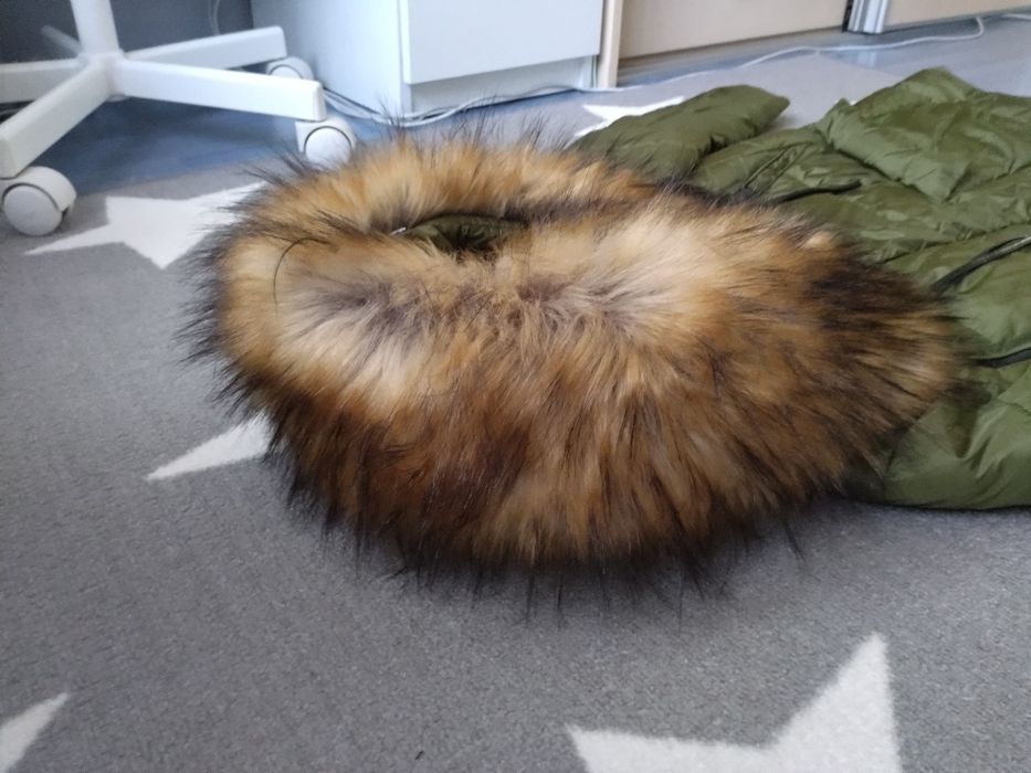 Kurtka płaszcz zimowy asymetryczny sztuczny jenot khaki S