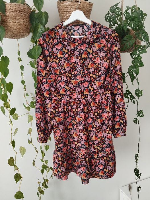 Sukienka z długim rękawem, w kwiaty, z kołnierzem, 100% wiskoza r.XS/S