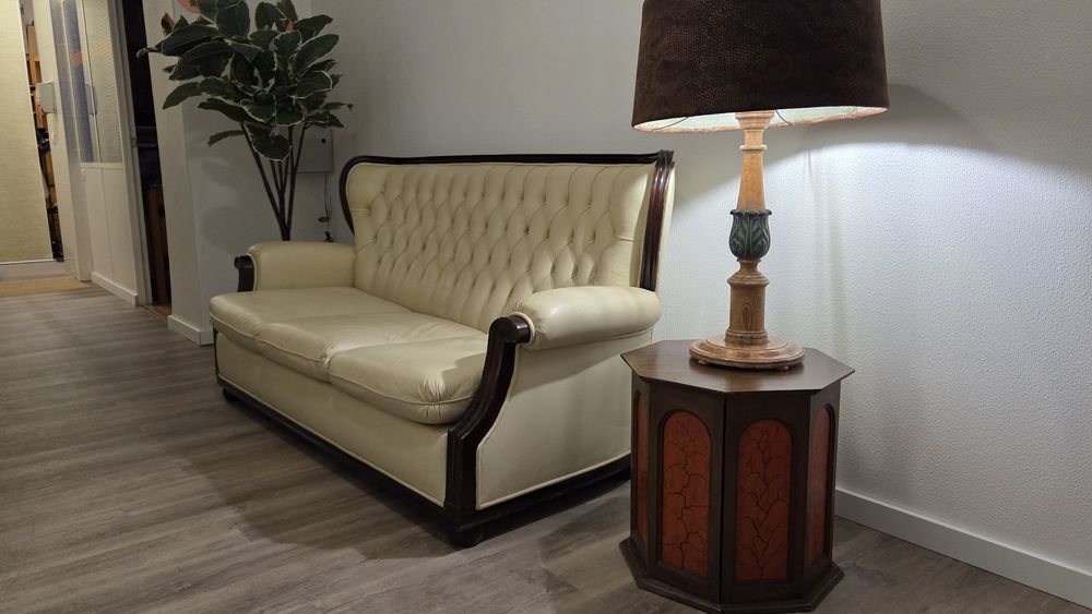 Sofá-cama antigo de pele genuína em bom estado