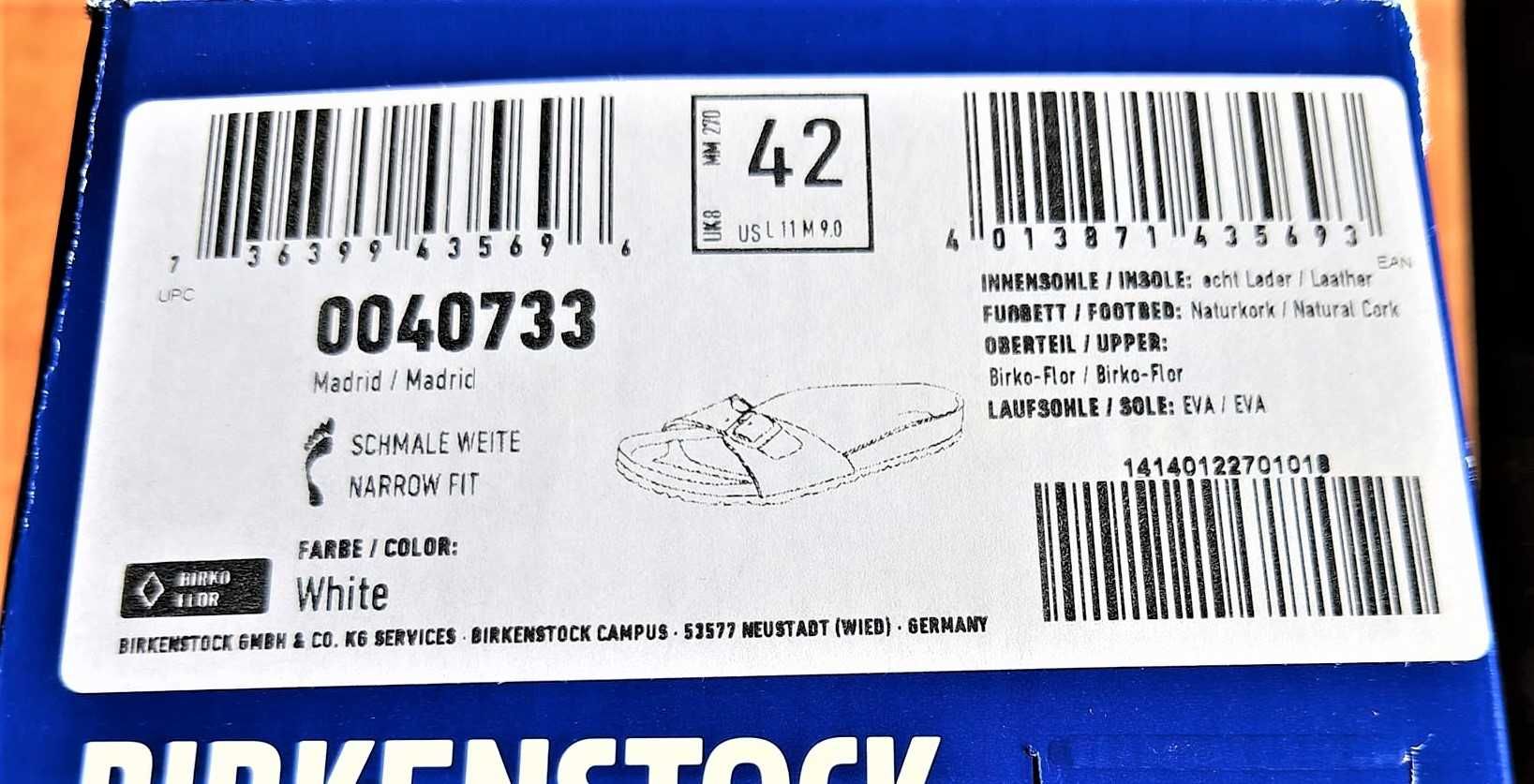 Nowe klapki Birkenstock Madrid narrow fit r. 42 unisex